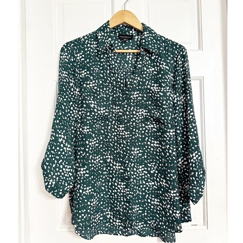 Fortune + Ivy Green Print Ling Sleeve Blouse Top Sz XL - Picture 4 of 6